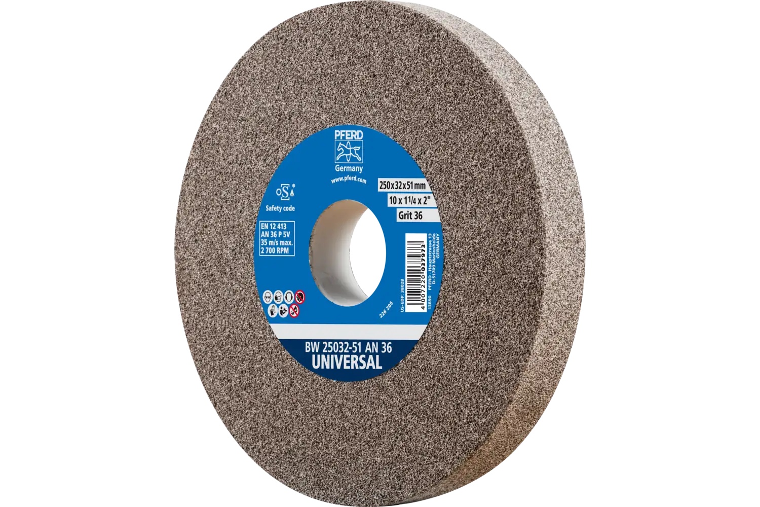 Picture of Pferd Vitrified Bench Wheel, Universal, 10" X 1-1/4 X 2, 36 Grit, Aluminum Oxide